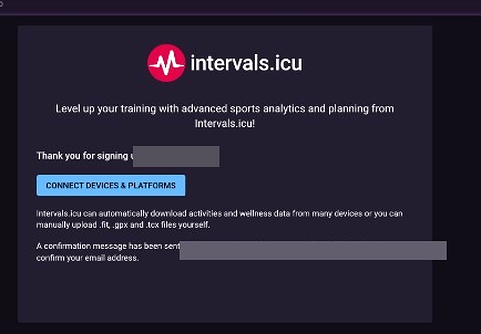 Intervals.icu sign-up confirmation
