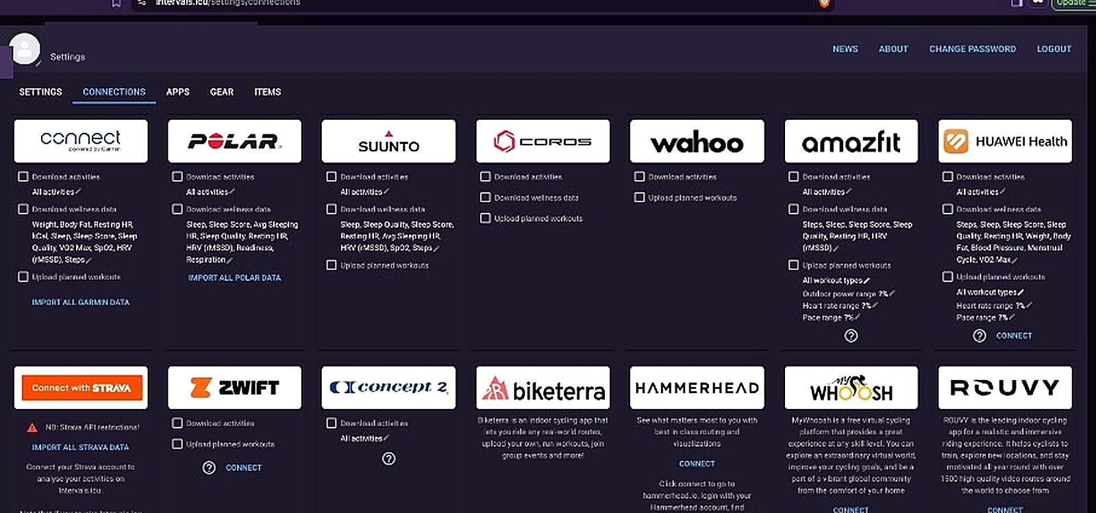 Intervals.icu Connections page with Garmin, Wahoo, and other platforms