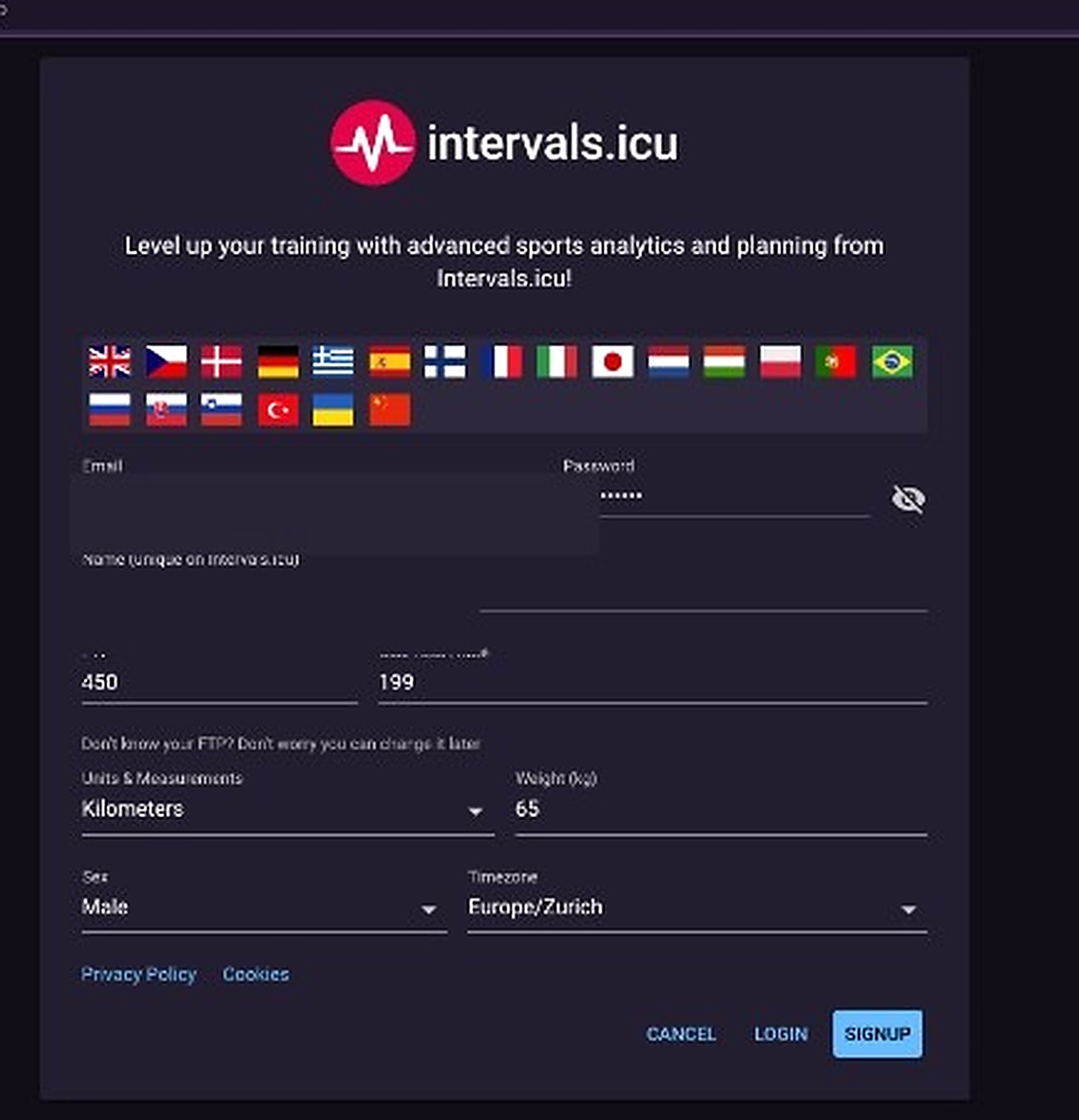 Intervals.icu sign-up form